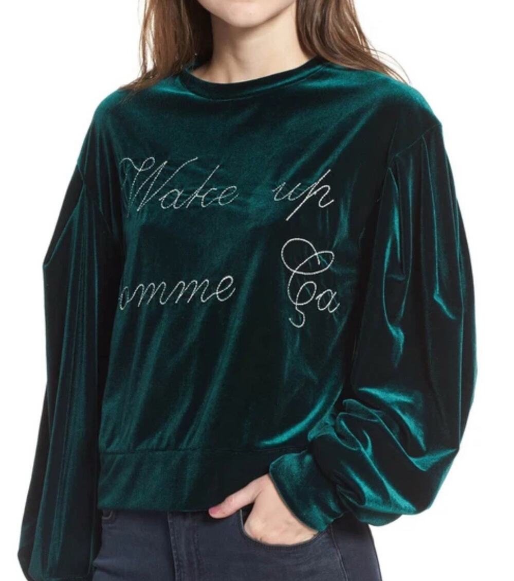 Misa Los Angeles “Comme Ca” Sweatshirt Size XS Green Velour Velvet Embroidered